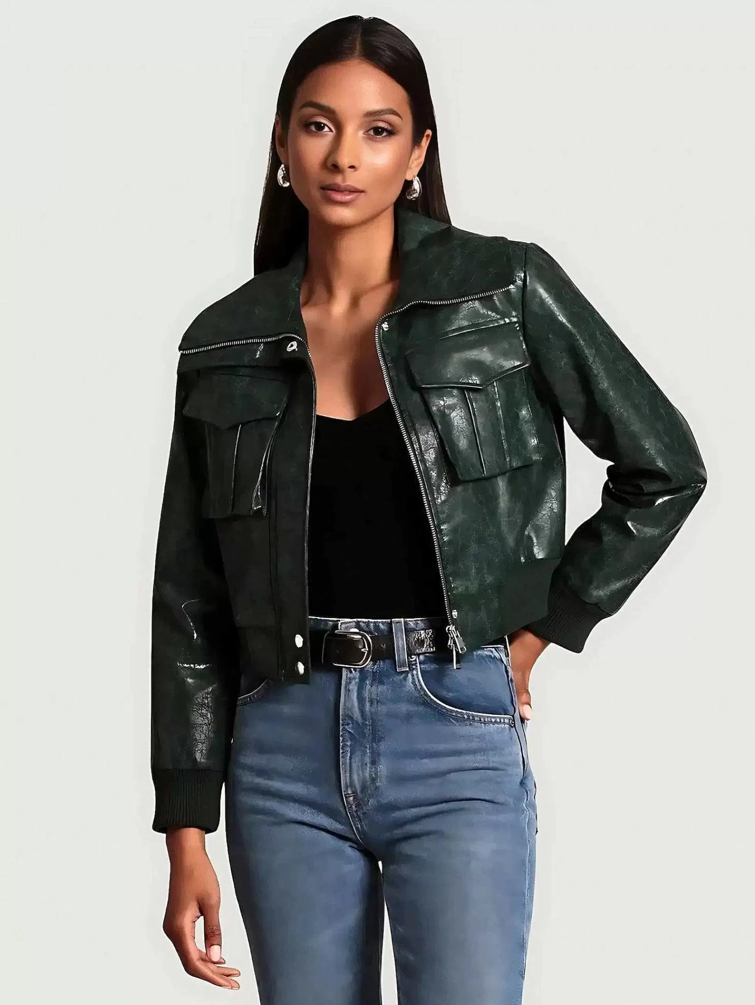 Best Sale Faux-Ever Leather Cropped Aviator Jacket Women Jackets