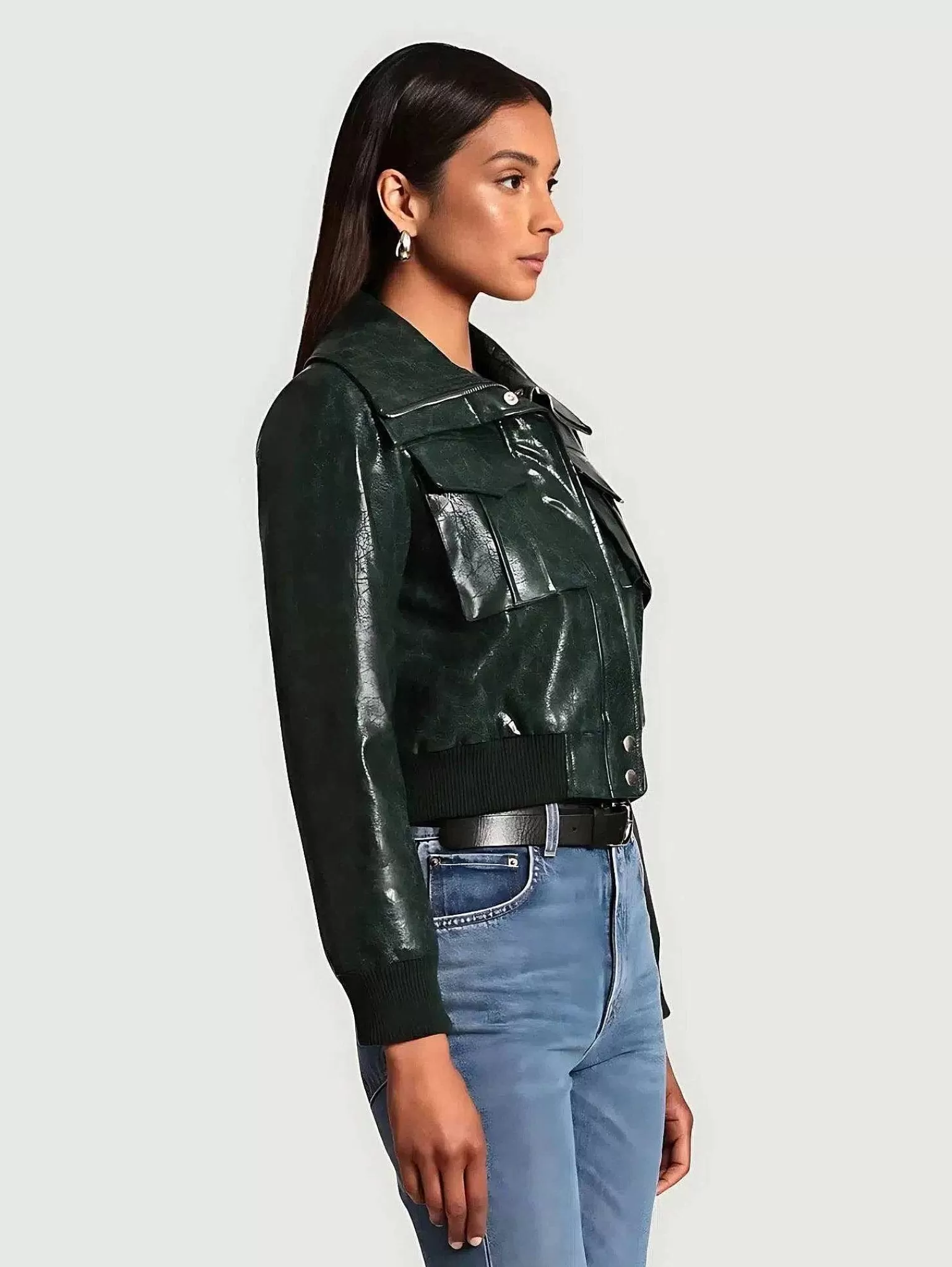 Best Sale Faux-Ever Leather Cropped Aviator Jacket Women Jackets