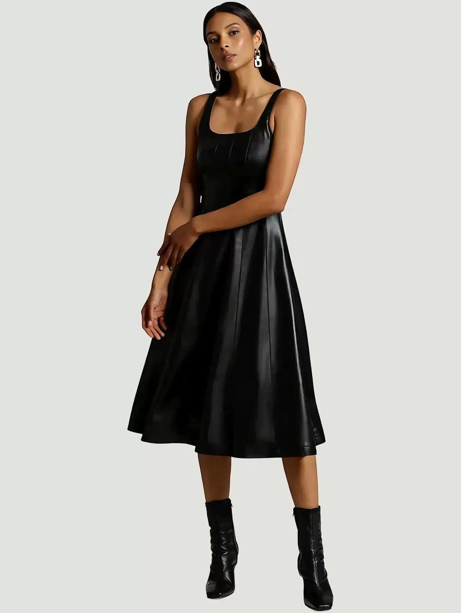 Fashion Faux-Ever Leather Fit-And-Flare Midi Dress Women Midi