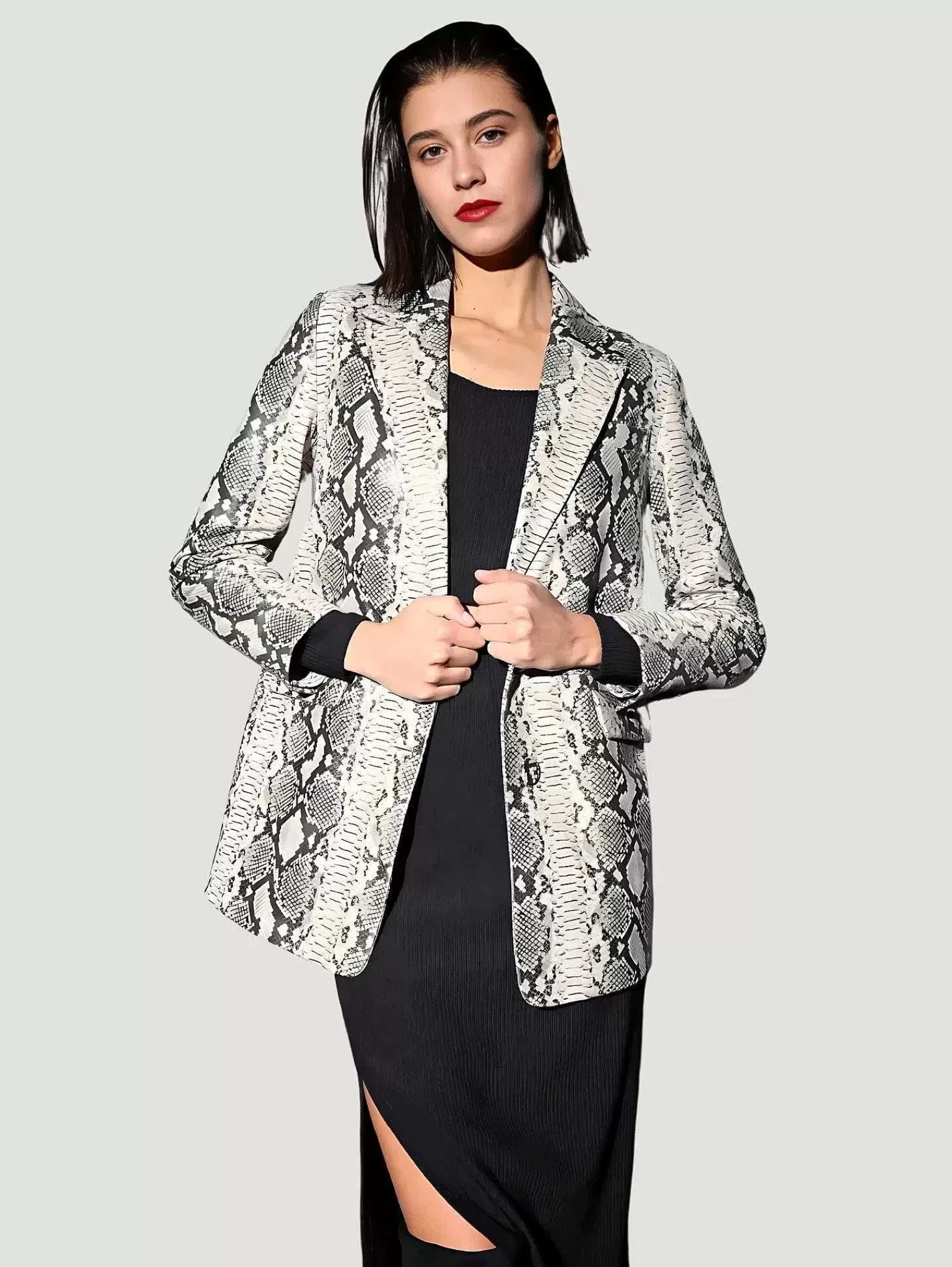 Clearance Kiki Grey Snake Blazer Women Leather Jackets